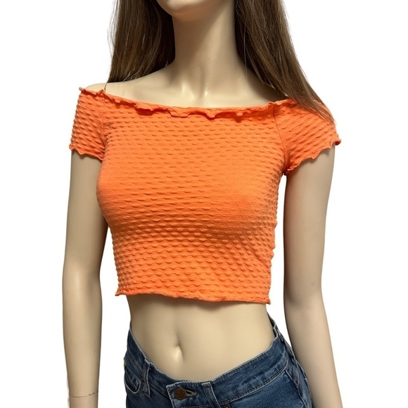 BP. Stretch Knit Top Cotton Shirt Crop Off or On Shoulder Peach Orange NWOT - Picture 3 of 10